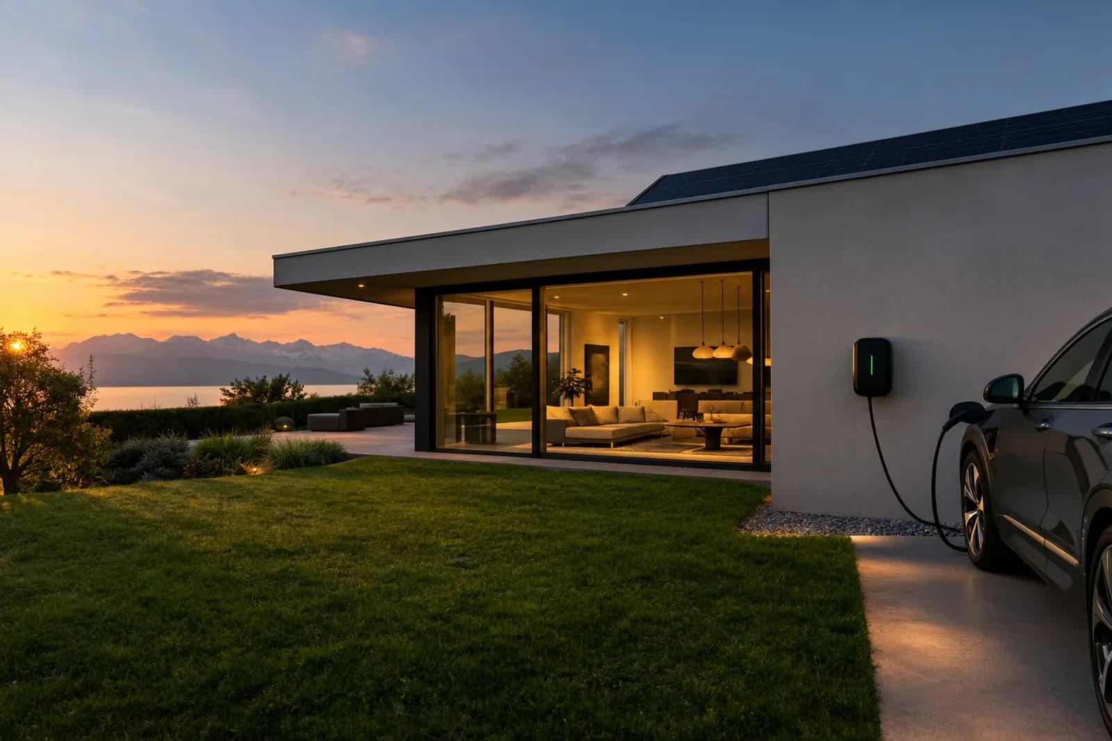 Modernes Haus mit Solardach und Wallbox, ein Elektroauto lädt am Abend