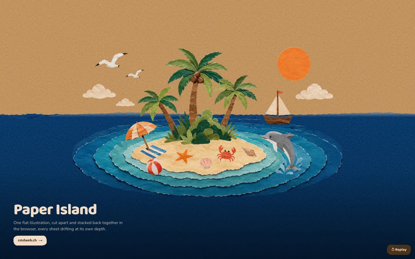 Paper Island, eine Insel aus geschichtetem Papier mit Palmen, Segelboot und Delfin