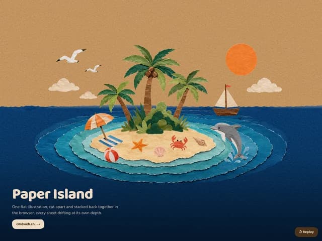 Paper Island, eine Insel aus geschichtetem Papier mit Palmen, Segelboot und Delfin
