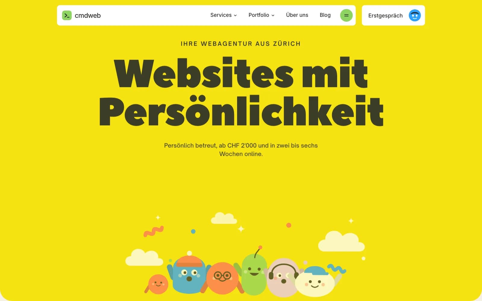 Entwurf Persönlich, gelbe Startseite mit dicker Schrift und gezeichneten Figuren