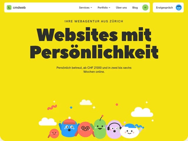 Entwurf Persönlich, gelbe Startseite mit dicker Schrift und gezeichneten Figuren