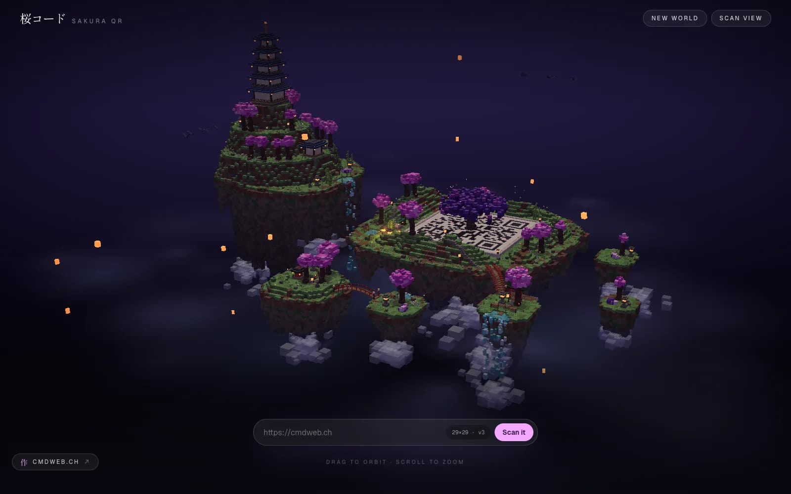 Sakura QR, schwebende Voxel-Inseln mit Kirschbäumen und einem QR-Code als Baumkrone