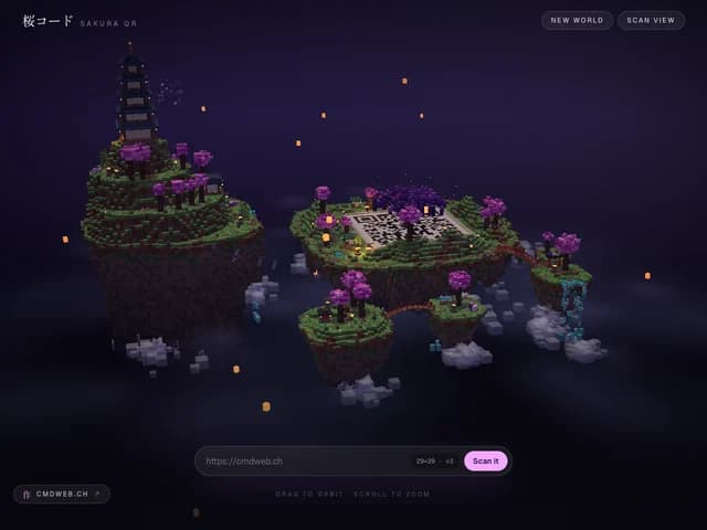 Sakura QR, schwebende Voxel-Inseln mit Kirschbäumen und einem QR-Code als Baumkrone