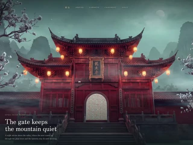Temple, ein rotes Schreintor mit Laternen im Nebel vor Bergen und blühenden Bäumen