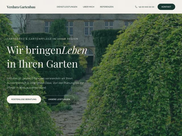 Startseite der Demo-Website Verdura Gartenbau, Serifenschrift über einem Garten